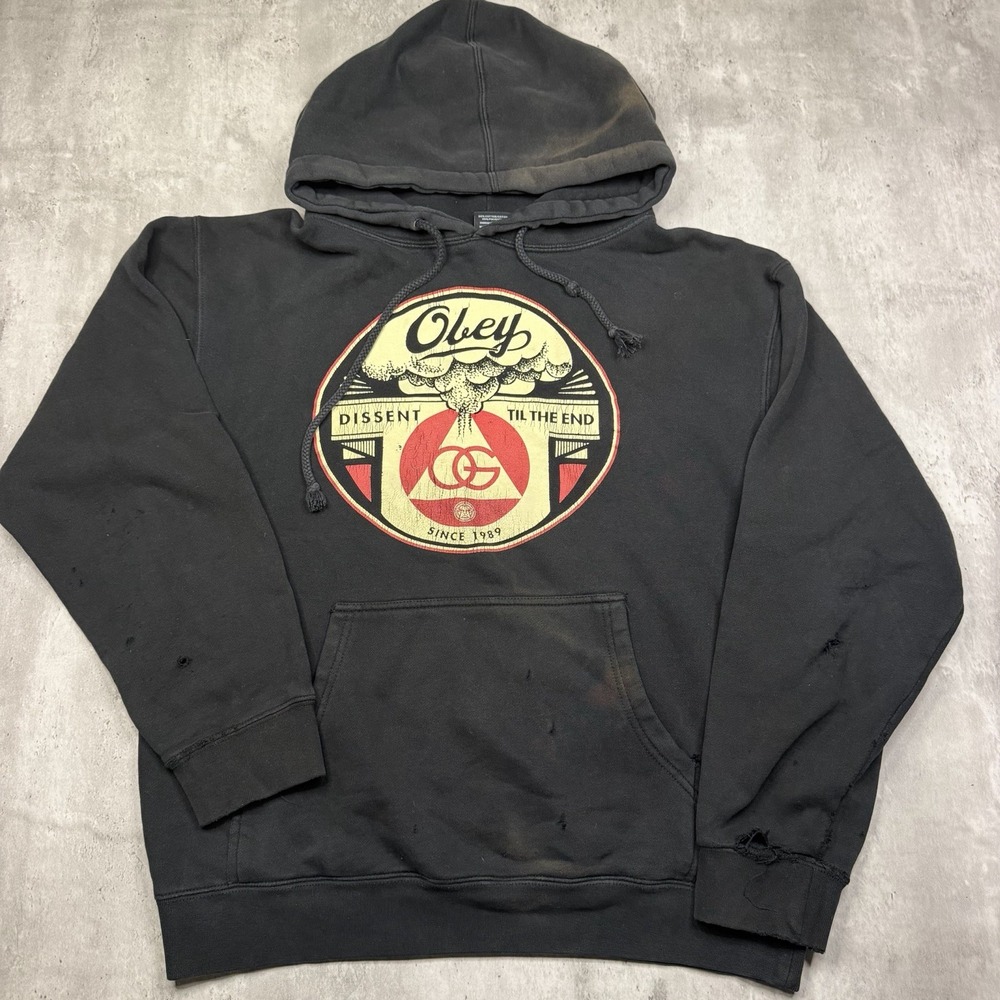 Obey Dissent Til The End Mens Hoodie Distressed Black Pullover Skateboarding S